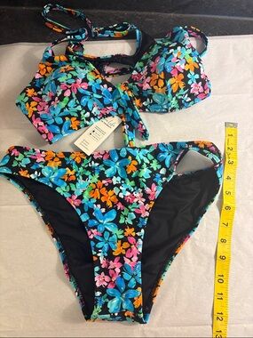 Cupshe Black Floral High-Waist Bikini with Bright Multicolor Blossoms